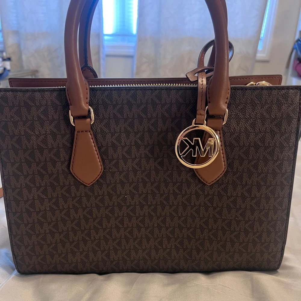 NEW Michael Kors Brown Logo Satchel with Tan Accents - Picture 1 of 9